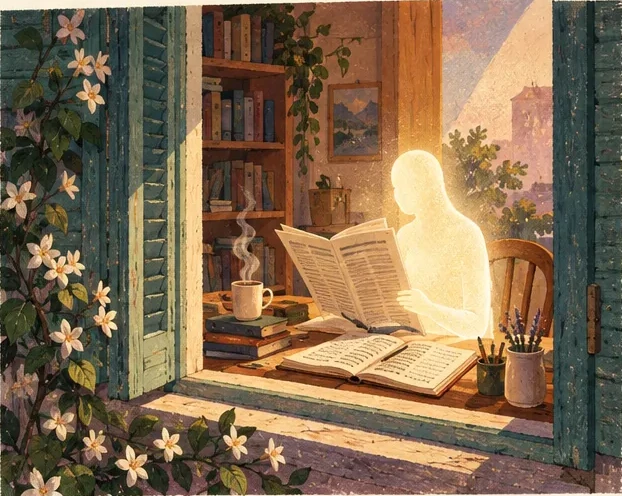Through an open window in the morning, a softly glowing figure reads a newspaper at its desk, beside a cup of coffee and an open notebook.