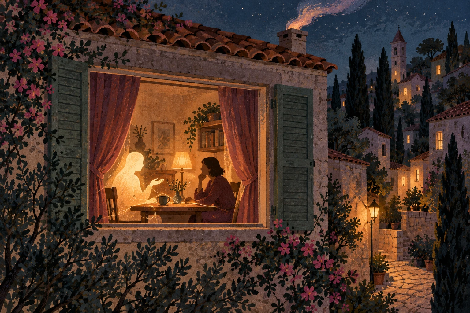 Through a lit window at night, a person and a softly glowing figure talk across a small table; the curtains frame them, and only a faint wordless glow drifts from the chimney into the dark.