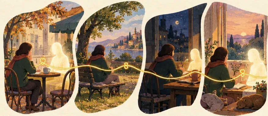 Four vignettes joined by one thread of light: the same woman in a green coat and red scarf at a café, on a park bench, at a desk at night, and at a table at dusk, with a softly glowing figure beside her.