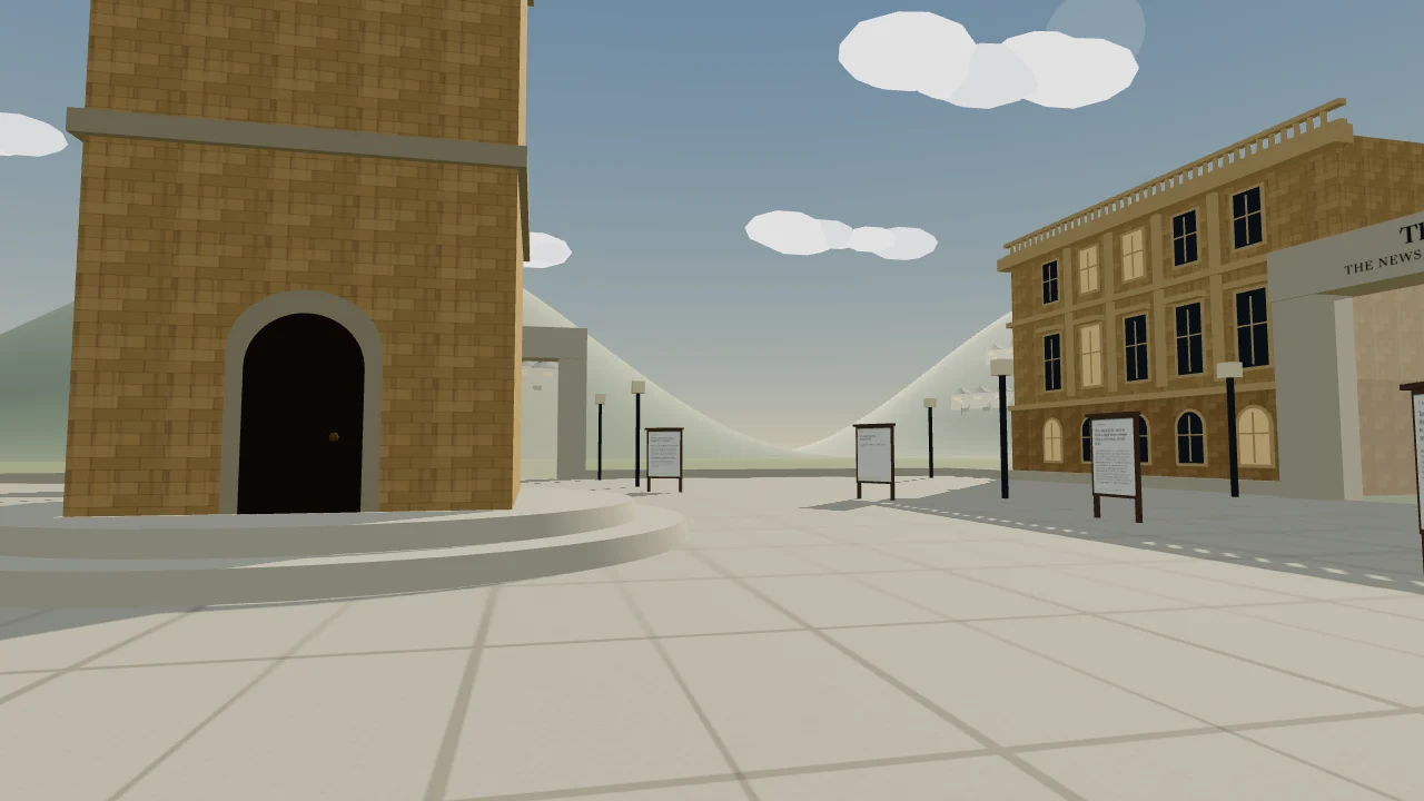 The town's square on a clear day: a sandstone clock tower, stands of the Presences' writing, and civic buildings.