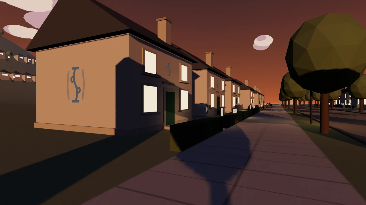 A street of houses at dusk, windows lit, each with its Presence's mark painted on the wall.